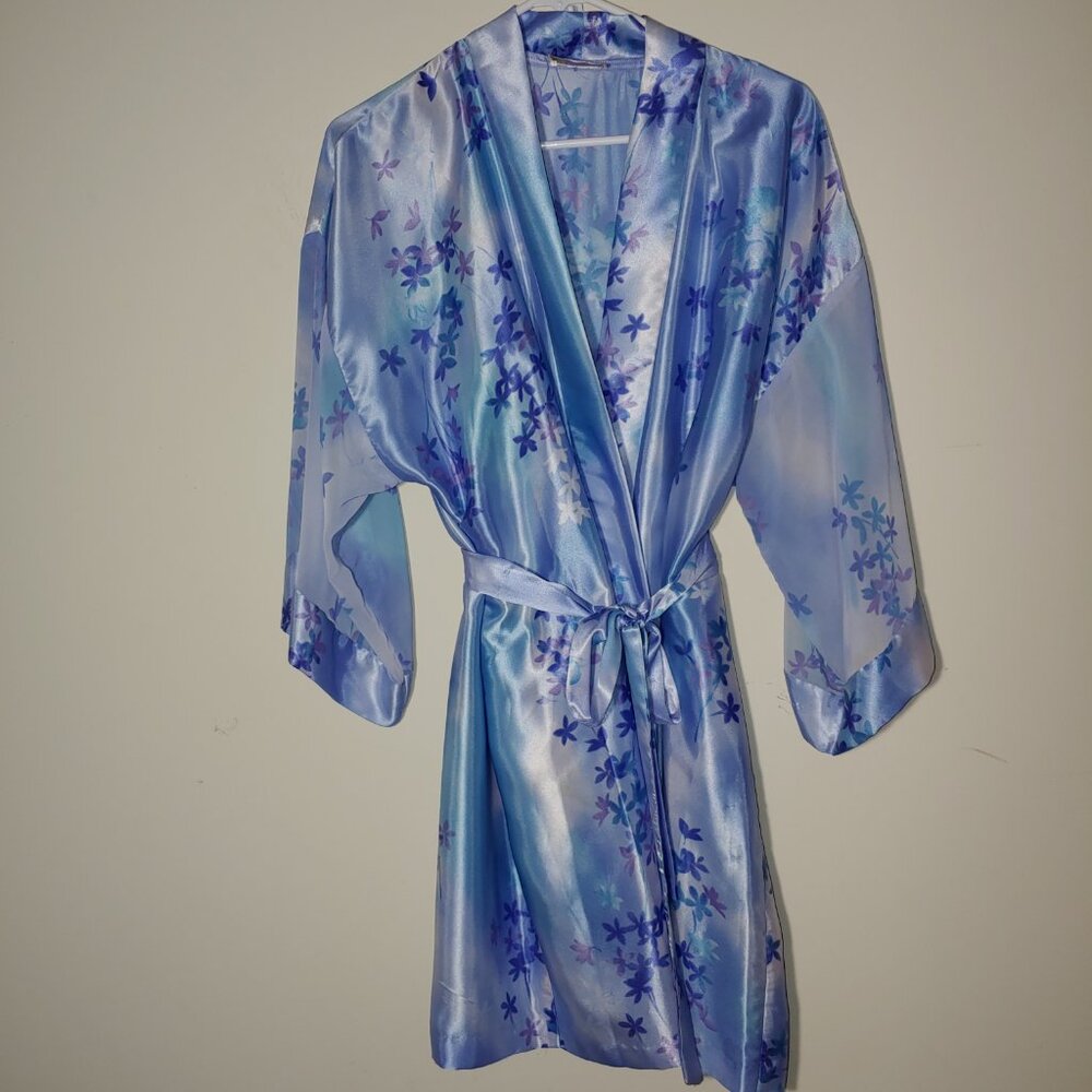 California Dynasty Floral Satin Kimono Sheer Sleeves Midi Robe Size L Blue
